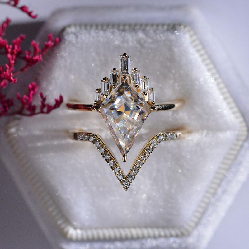 14K Rose Gold 4 Carat Kite Moissanite Halo Engagement Ring, Eternity Ring Set