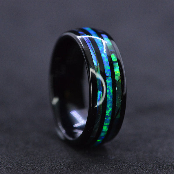 Natural Abalone Shell Blue Opal Men's Black Tungsten Carbide  Ring