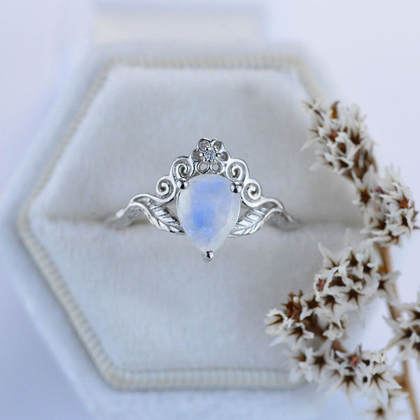 Natural Moonstone Pear Shape Floral Gold Ring