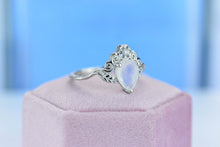 Load image into Gallery viewer, 2ct Pear Cut Natural Moonstone Ring, White Gold Plated Ring Unique Curved Floral Ring
