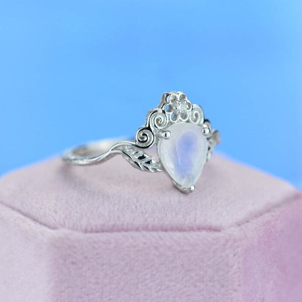 Natural Moonstone Pear Shape Floral Gold Ring