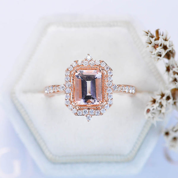 3Ct Emerald Step Cut Halo Morganite ring. Morganite ring. Vintage Natural Morganite Ring