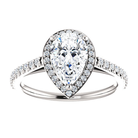 14K Gold 9x6 mm Forever One Pear Halo Diamond Engagement Ring