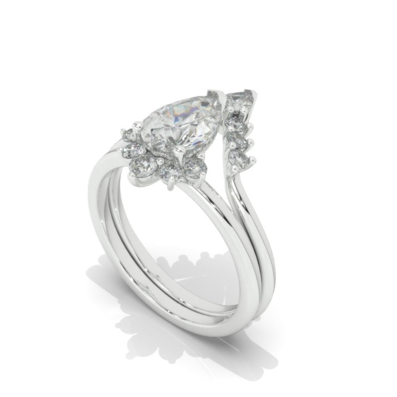 14K White Gold 1.5 Carat Pear Moissanite Diamond Halo Twisted Engagement Ring Eternity Ring Set