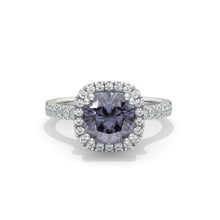 Load image into Gallery viewer, 2.5 Carat Cushion Dark Gray Blue  Moissanite Halo Engagement Ring. Victorian 14K White Gold Ring
