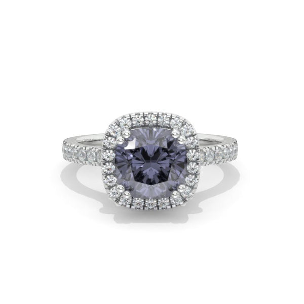 2.5 Carat Cushion Dark Gray Blue  Moissanite Halo Engagement Ring. Victorian 14K White Gold Ring