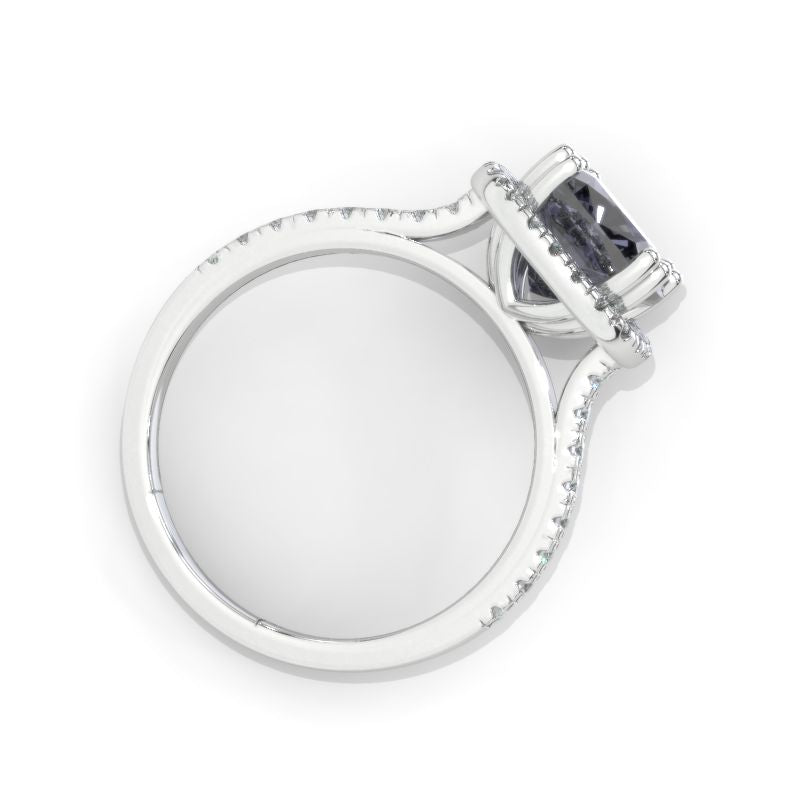 2.5 Carat Cushion Dark Gray Blue  Moissanite Halo Engagement Ring. Victorian 14K White Gold Ring