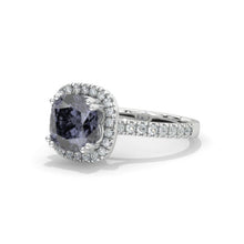 Load image into Gallery viewer, 2.5 Carat Cushion Dark Gray Blue  Moissanite Halo Engagement Ring. Victorian 14K White Gold Ring
