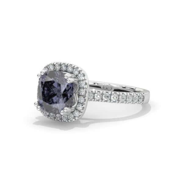 2.5 Carat Cushion Dark Gray Blue  Moissanite Halo Engagement Ring. Victorian 14K White Gold Ring