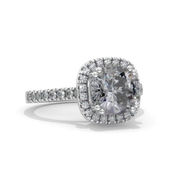 2.5 Carat Cushion Gray Moissanite Halo Engagement Ring. Victorian 14K White Gold Ring