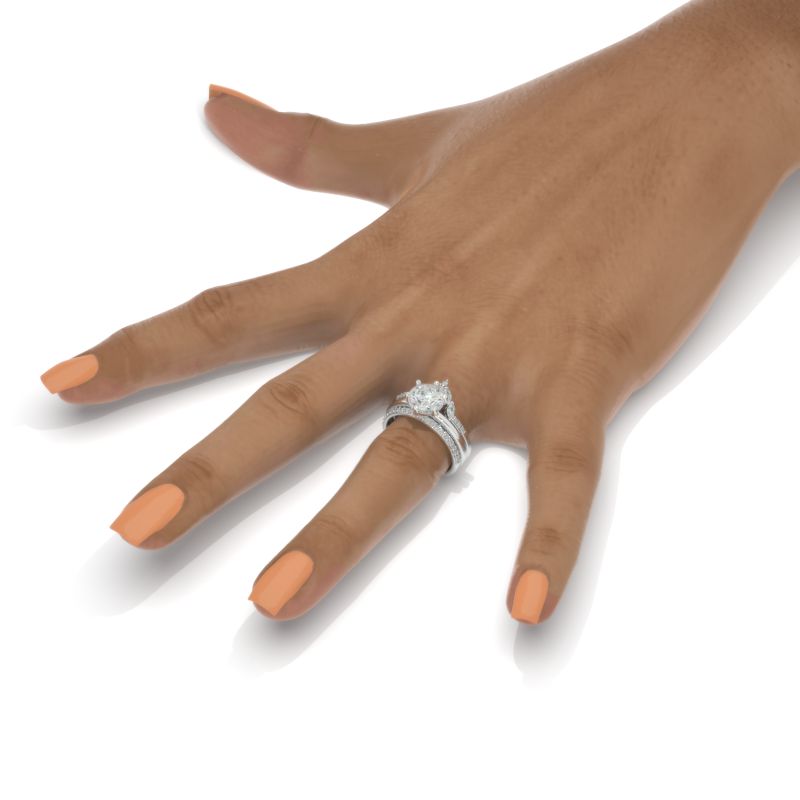 14K White Gold 2 Carat Round  Brilliant Cut Moissanite Halo Engagement Ring, Eternity Rings Set