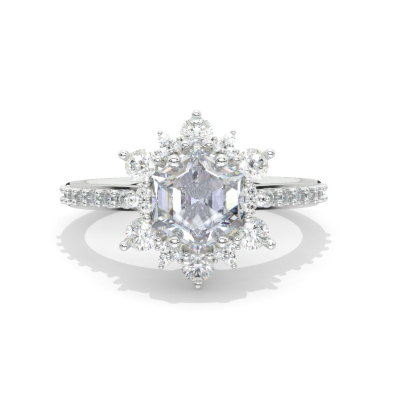 2 Carat Hexagon Moissanite Snowflake Halo Engagement Ring. Victorian 14K White Gold Ring