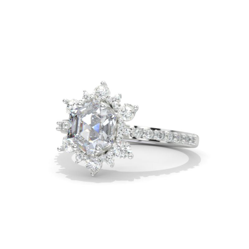 2 Carat Hexagon Moissanite Snowflake Halo Engagement Ring. Victorian 14K White Gold Ring