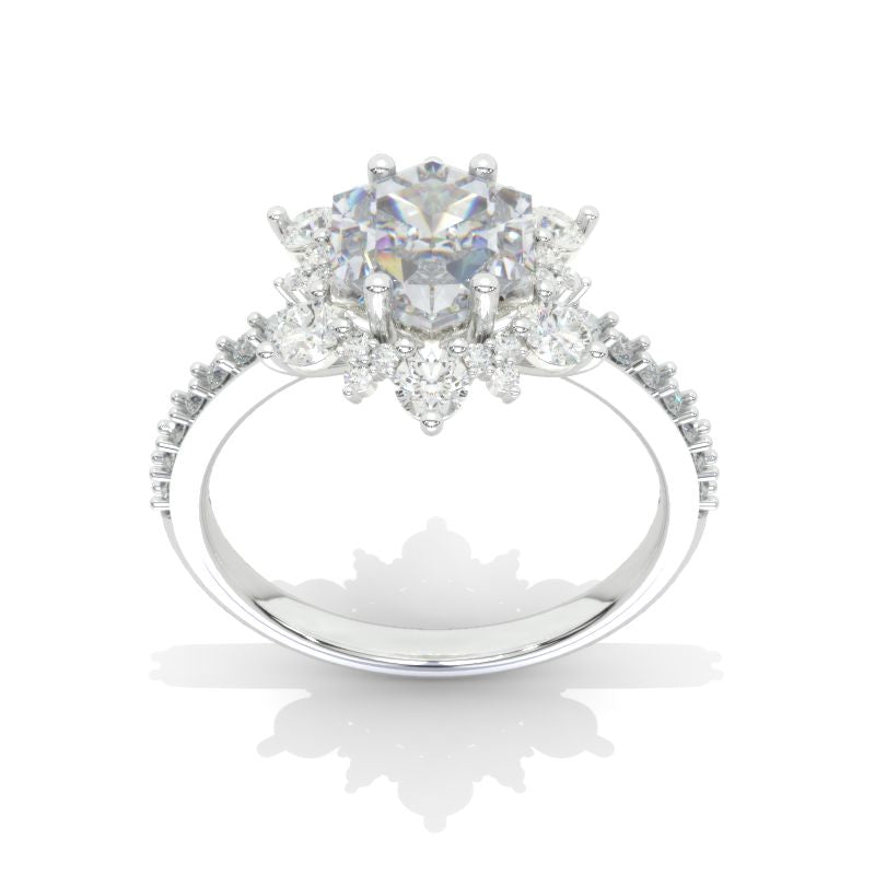 2 Carat Hexagon Moissanite Snowflake Halo Engagement Ring. Victorian 14K White Gold Ring