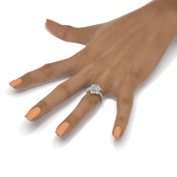 2 Carat Hexagon Moissanite Snowflake Halo Engagement Ring. Victorian 14K White Gold Ring