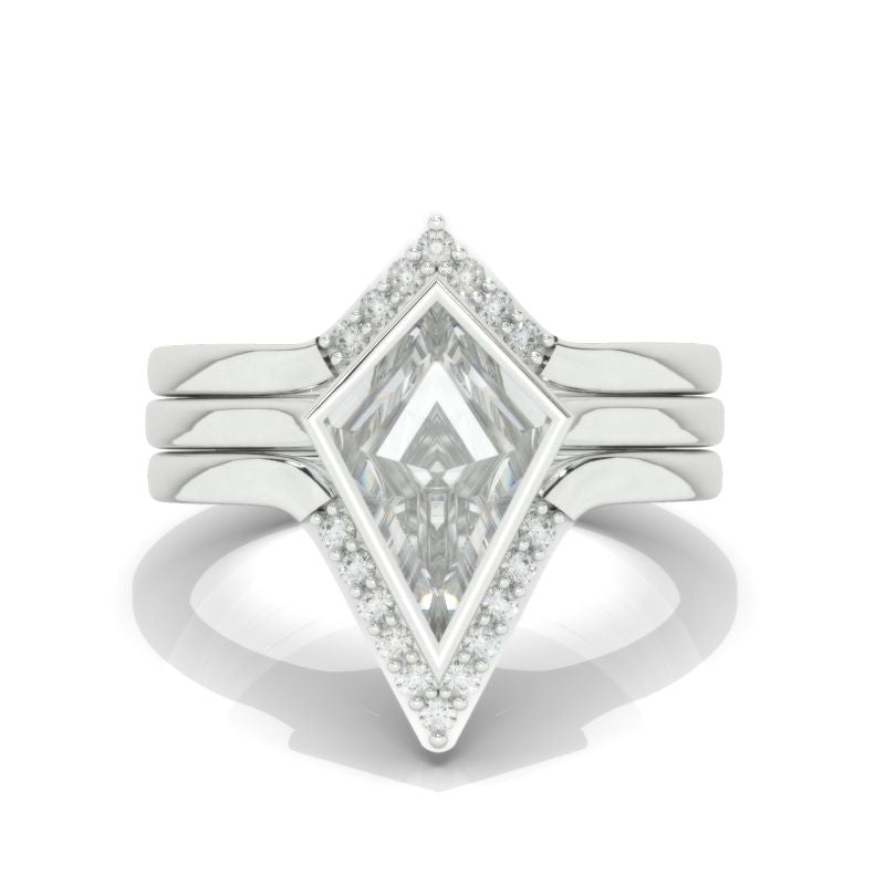 14K White Gold 3 Carat Kite Moissanite Halo Engagement Ring, Three Rings Set
