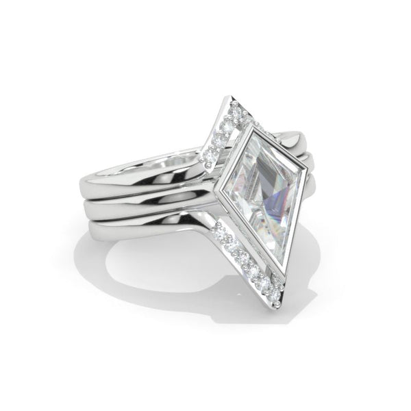 14K White Gold 3 Carat Kite Moissanite Halo Engagement Ring, Three Rings Set