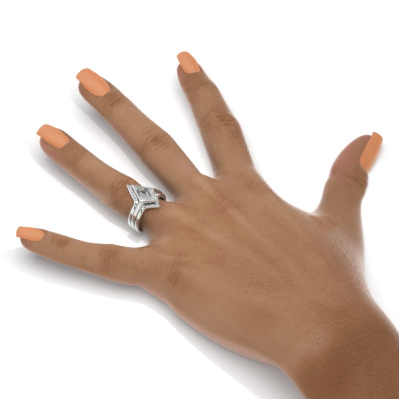 14K White Gold 3 Carat Kite Moissanite Halo Engagement Ring, Three Rings Set