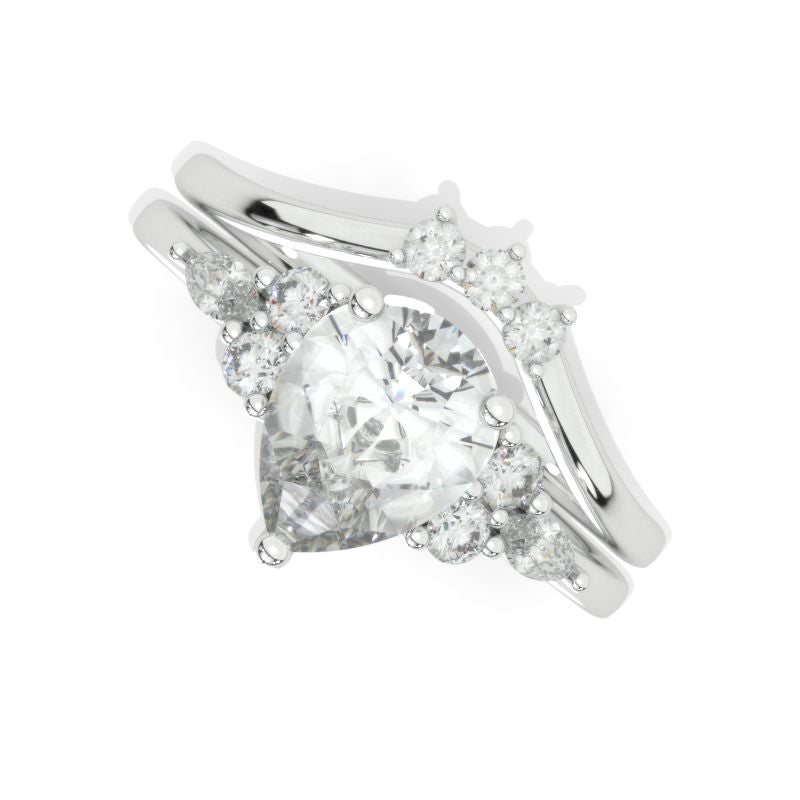 14K White Gold 1.5 Carat Pear Moissanite Engagement Ring. Eternity Ring Set