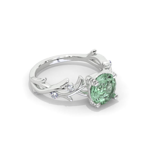 2 Carat  Moss Agate Twig Floral White Gold Engagement  Ring