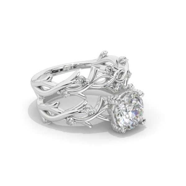 2 Carat Moissanite Twig Floral White Gold Engagement  Ring Set