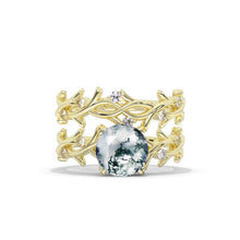 Load image into Gallery viewer, 2 Carat Genuine Moss Agate Twig Floral Yellow Gold Engagement  Ring Set
