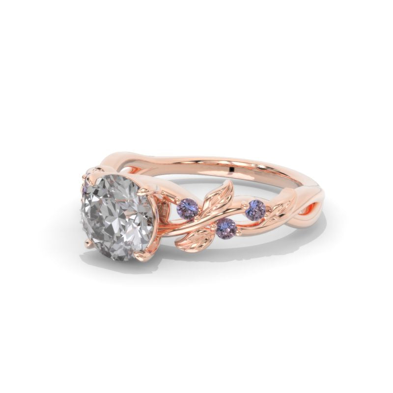 2 Carat Gray Round Brilliant Cut Moissanite Floral Rose Gold Engagement Ring