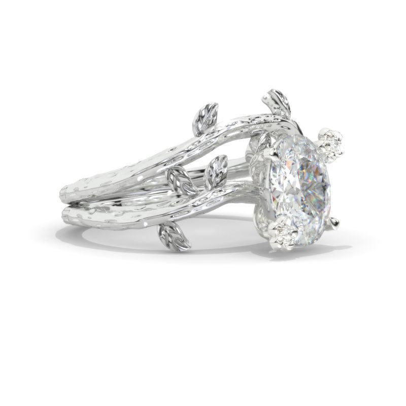 2 Carat Oval Moissanite Leaf Engagement Ring. Gold Floral Twig Ring Set