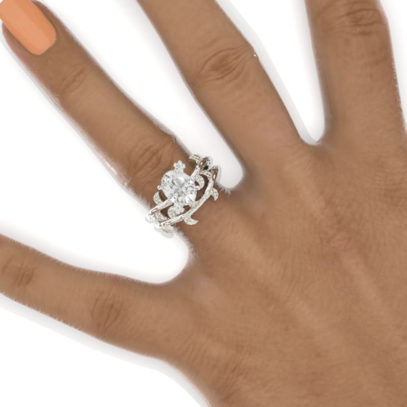 2 Carat Oval Moissanite Leaf Engagement Ring. Gold Floral Twig Ring Set