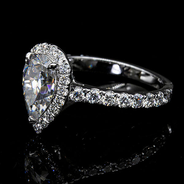 14K Solid White Gold 3 Carat Halo Pear Cut Moissanite Ring