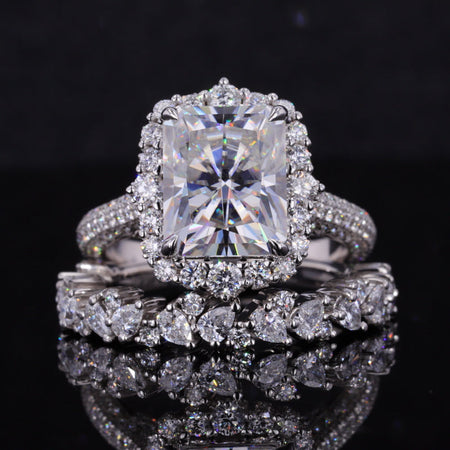 3Ct Moissanite Engagement Ring Halo Radiant Cut Moissanite Engagement Ring, 9x7mm Radiant Cut Moissanite Engagement Ring with Eternity band
