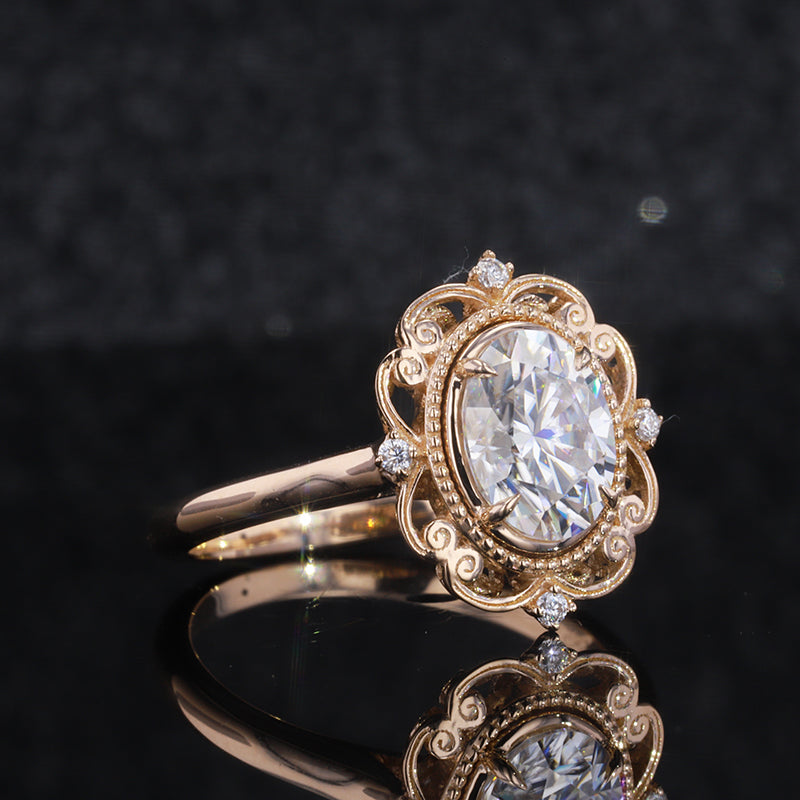 14K White Gold 2 Carat Oval  Moissanite Halo Vintage Engagement Ring