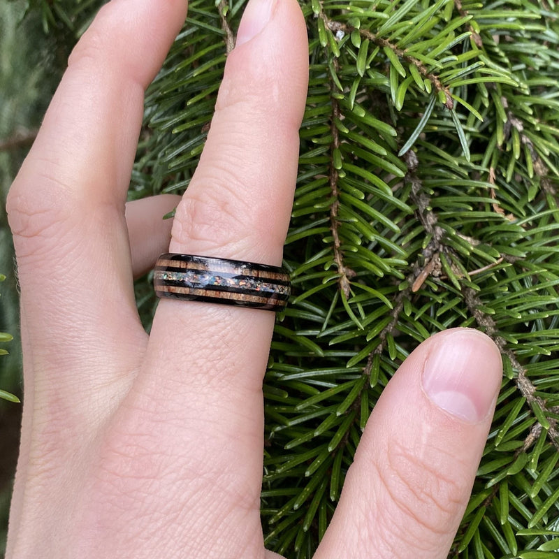 Fire Opal Tungsten Carbide Wedding Ring with Hawaii Koa Wood Inlay