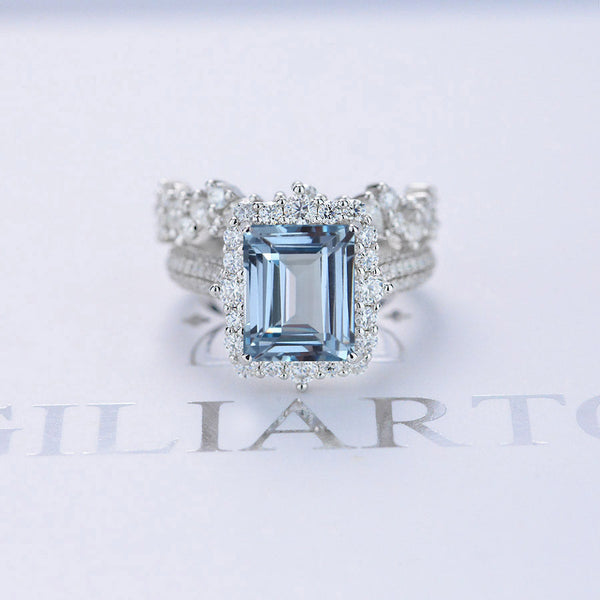 3Ct Natural Aquamarine Engagement Ring. Halo Emerald Cut Genuine Aquamarine Engagement Ring, 9x7mm Step Cut Aquamarine Engagement Ring with Eternity Band