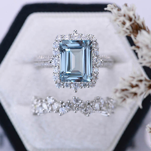 3Ct Natural Aquamarine Engagement Ring. Halo Emerald Cut Genuine Aquamarine Engagement Ring, 9x7mm Step Cut Aquamarine Engagement Ring with Eternity Band