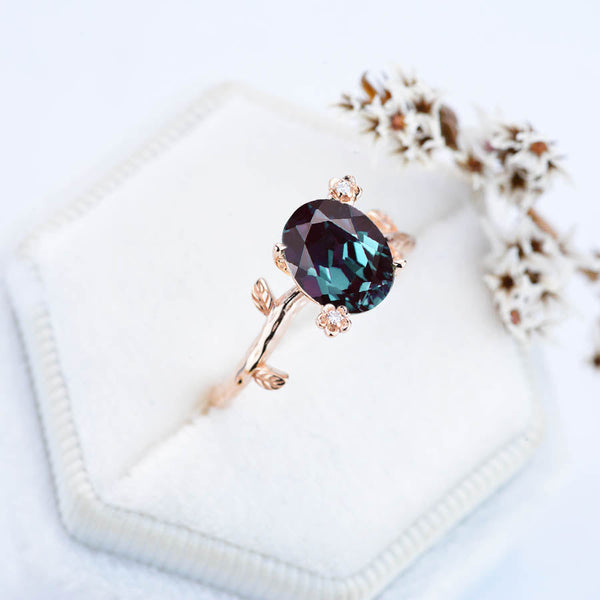 14K Rose Gold Dainty Oval Alexandrite Leaf Ring