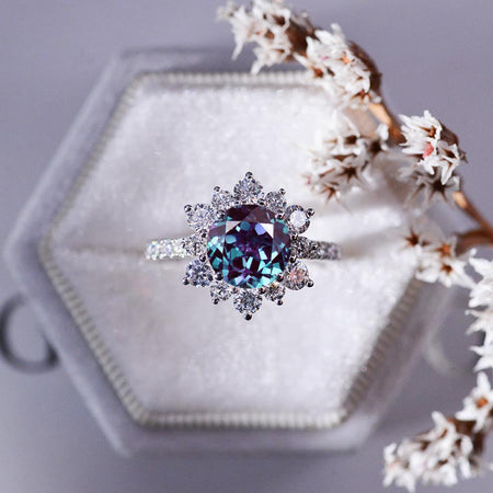 2 Carat Round Moissanite Snowflake Halo Engagement Ring. Victorian 14K White Gold Ring2 Carat Round Alexandrite Snowflake Halo Engagement Ring. Victorian 14K White Gold Ring
