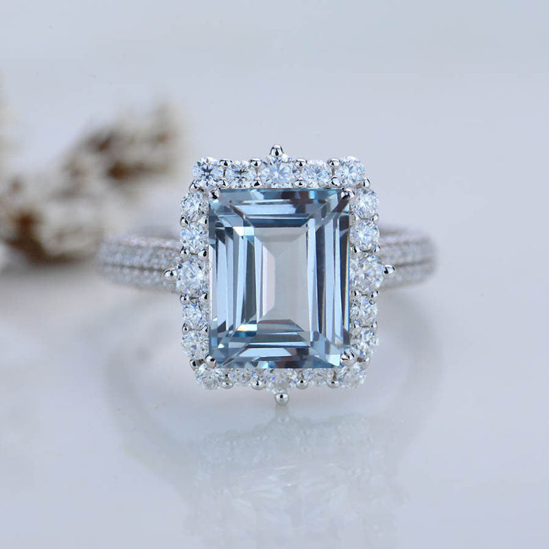 3Ct Genuine Aquamarine Engagement Ring Halo Emerald Step Cut Aquamarine Engagement Ring