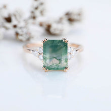 Load image into Gallery viewer, 3 Ct Emerald Step Cut Green Moss Agate Vintage Engagement Ring,  Marquise Side Accents Stones 14K Rose Gold Ring
