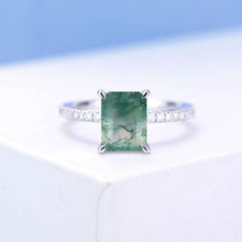 Load image into Gallery viewer, 3 Carat Giliarto Radiant Cut Moss Agata Hidden Halo Engagement 14K White Gold Ring

