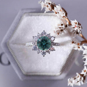 3 Carat Round Teal Sapphire Halo Gold Engagement Ring