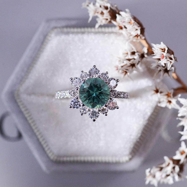2 Carat Round Teal Sapphire Snowflake Halo Engagement Ring. Victorian 14K White Gold Ring