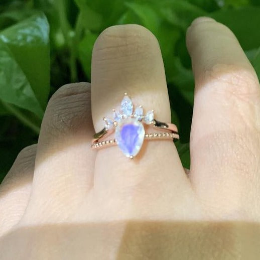 Pear Cut Moonstone Ring- Two Ring Set.