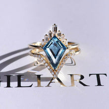 Load image into Gallery viewer, 14K Yellow Gold 4 Carat Kite London Blue Topaz Halo Engagement Ring, Eternity Ring Set
