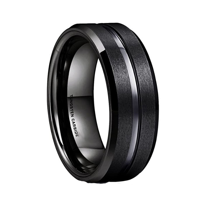 Classic Men Black Tungsten Carbide 8mm Polished Matte Brushed Finish Center Wedding Band Ring