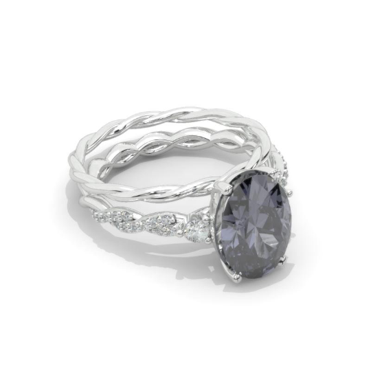 14K White Gold 3 Carat Oval Gray  Moissanite Rope Engagement Ring Eternity Ring Set