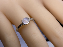 Load image into Gallery viewer, Silver Dainty Natural Moonstone Ring.  Round Moonstone Floral Ring
