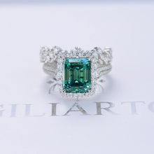 Load image into Gallery viewer, 3Ct Green Moissanite Engagement Ring Halo Emerald Cut Green Moissanite Engagement Ring, 9x7mm Step Cut Green  Moissanite Engagement Ring with Eternity Band
