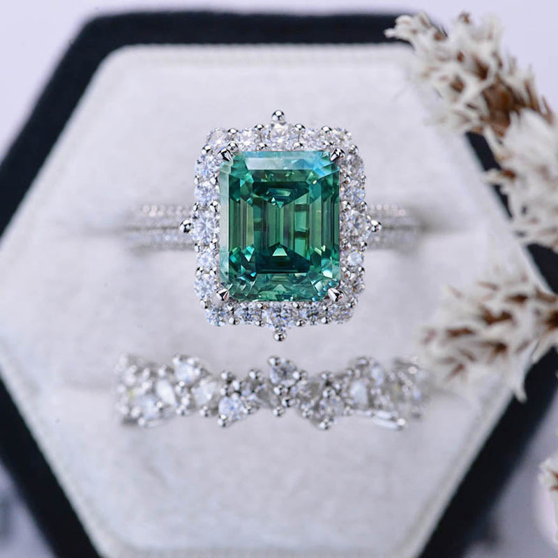 3Ct Green Moissanite Engagement Ring Halo Emerald Cut Green Moissanite Engagement Ring, 9x7mm Step Cut Green  Moissanite Engagement Ring with Eternity Band