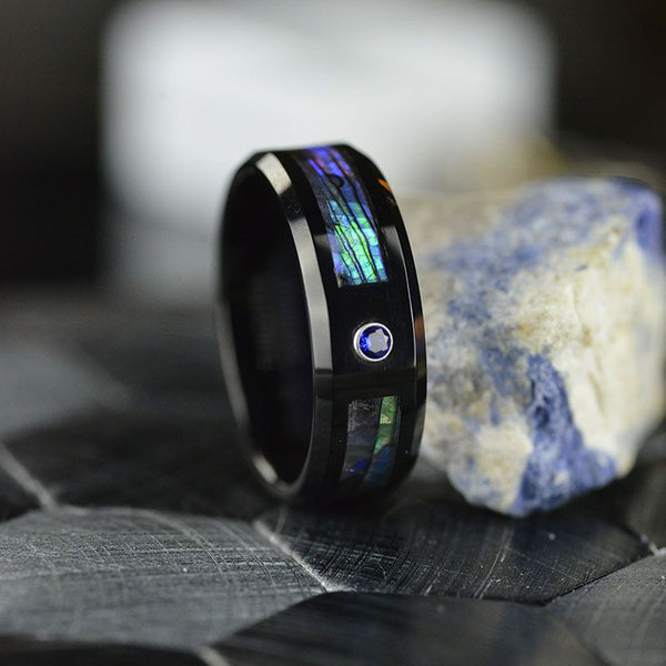 Natural Abalone Shell Men's tungsten carbide ring with high polished comfort fit inner face.